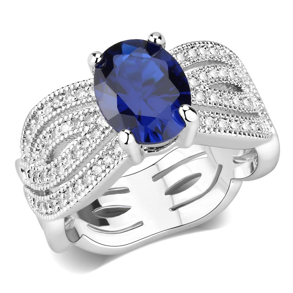 JCE1564 Rhodium Brass Ring with Synthetic Spinel in London Blue