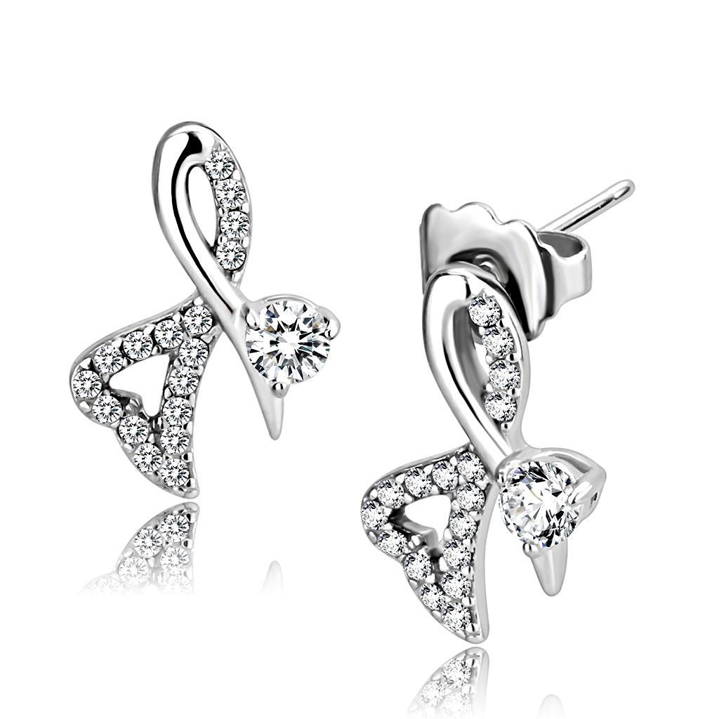 JCE204 High polished (no plating) Stainless Steel Earrings with AAA Grade CZ  in Clear
