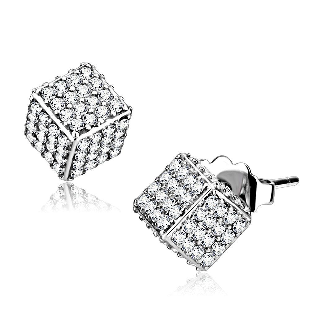 JCE213 High polished (no plating) Stainless Steel Earrings with AAA Grade CZ  in Clear