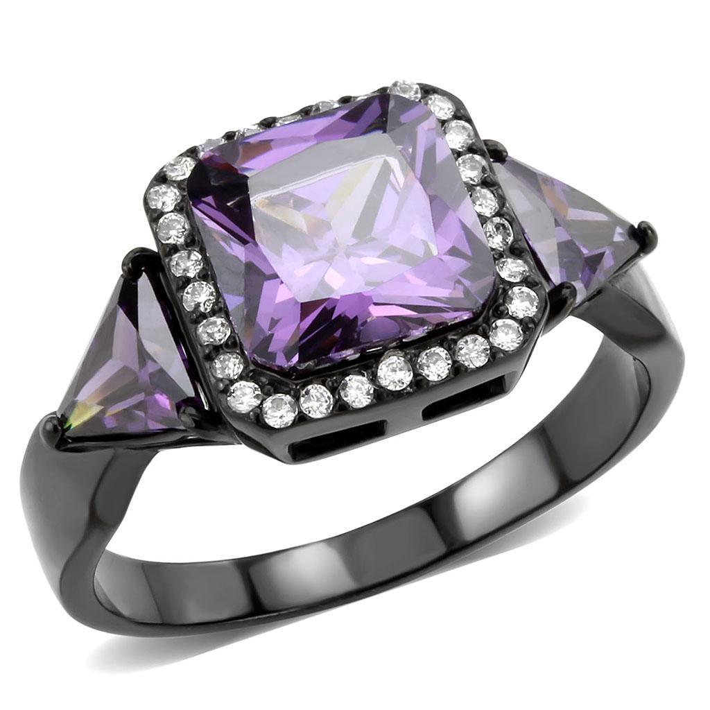 JCE346 IP Black(Ion Plating) Stainless Steel Ring with AAA Grade CZ  in Amethyst