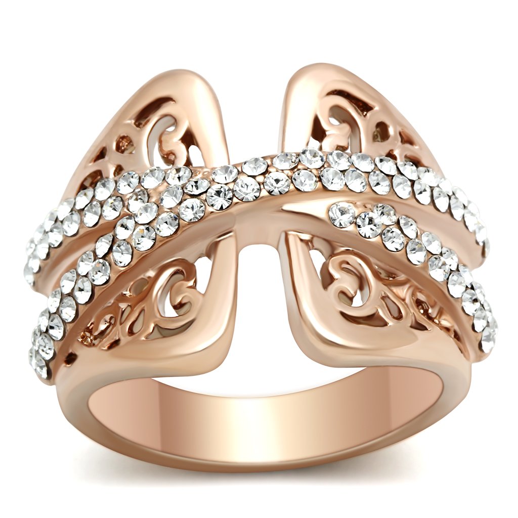 JCE156 IP Rose Gold(Ion Plating) Brass Ring with Top Grade Crystal  in Clear