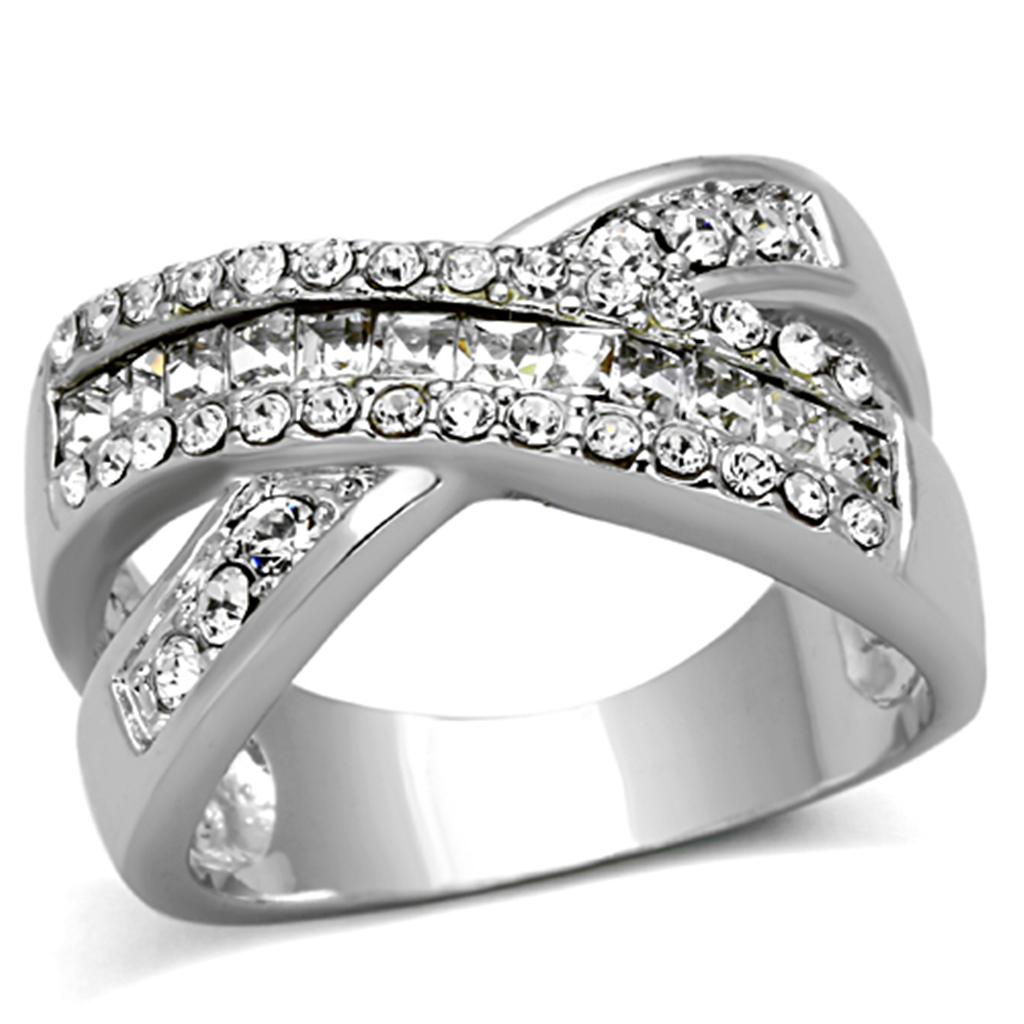JCE2942 Rhodium Brass Ring with Top Grade Crystal  in Clear