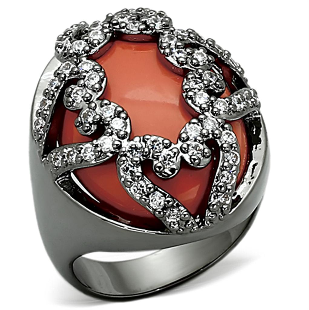 JCEA886 Ruthenium Brass Ring with Synthetic Cat Eye in Orange
