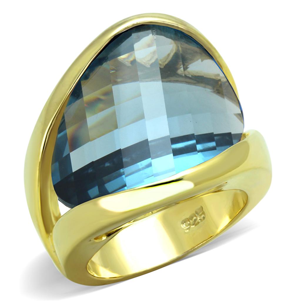 JCES826 Gold 925 Sterling Silver Ring with Synthetic Synthetic Glass in Sea Blue