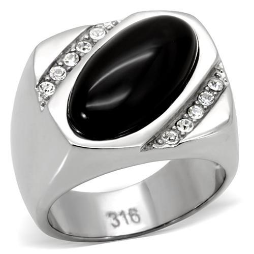 JCE02214 High polished (no plating) Stainless Steel Ring with Semi-Precious Agate in Jet