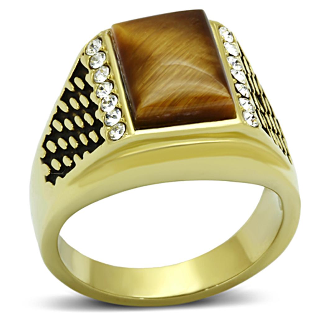 JCE1187 IP Gold(Ion Plating) Stainless Steel Ring with Synthetic Tiger Eye in Topaz