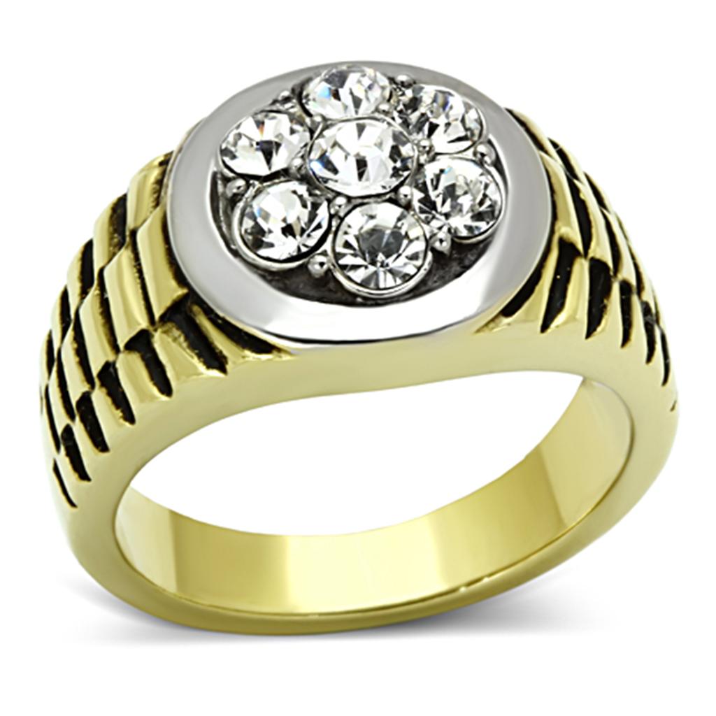 JCE1191 Two-Tone IP Gold (Ion Plating) Stainless Steel Ring with Top Grade Crystal  in Clear