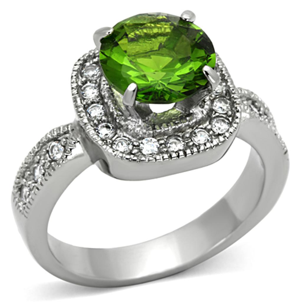 JCE1227 High polished (no plating) Stainless Steel Ring with Synthetic Synthetic Glass in Peridot