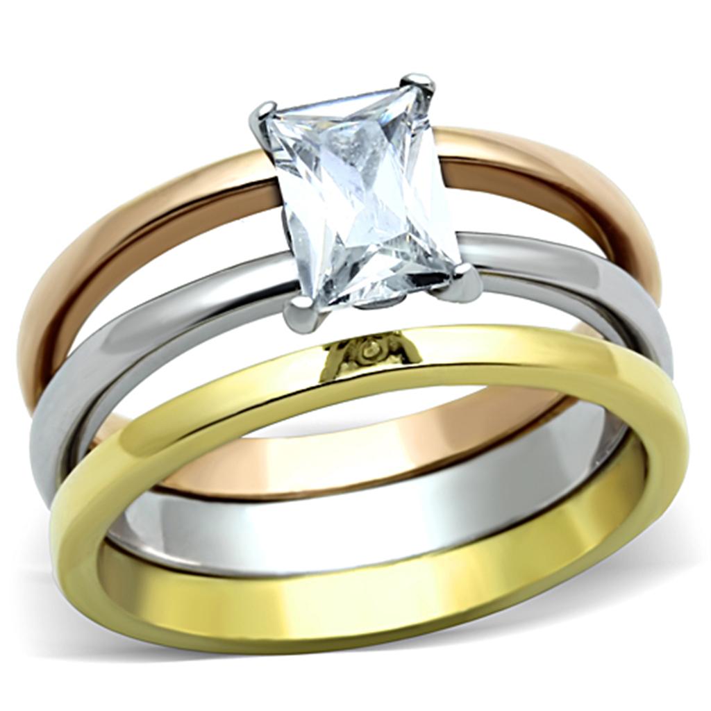 JCE1279 Three Tone IP+»-+-åIP Gold & IP Rose Gold & High Polished) Stainless Steel Ring with AAA Grade CZ  in Clear