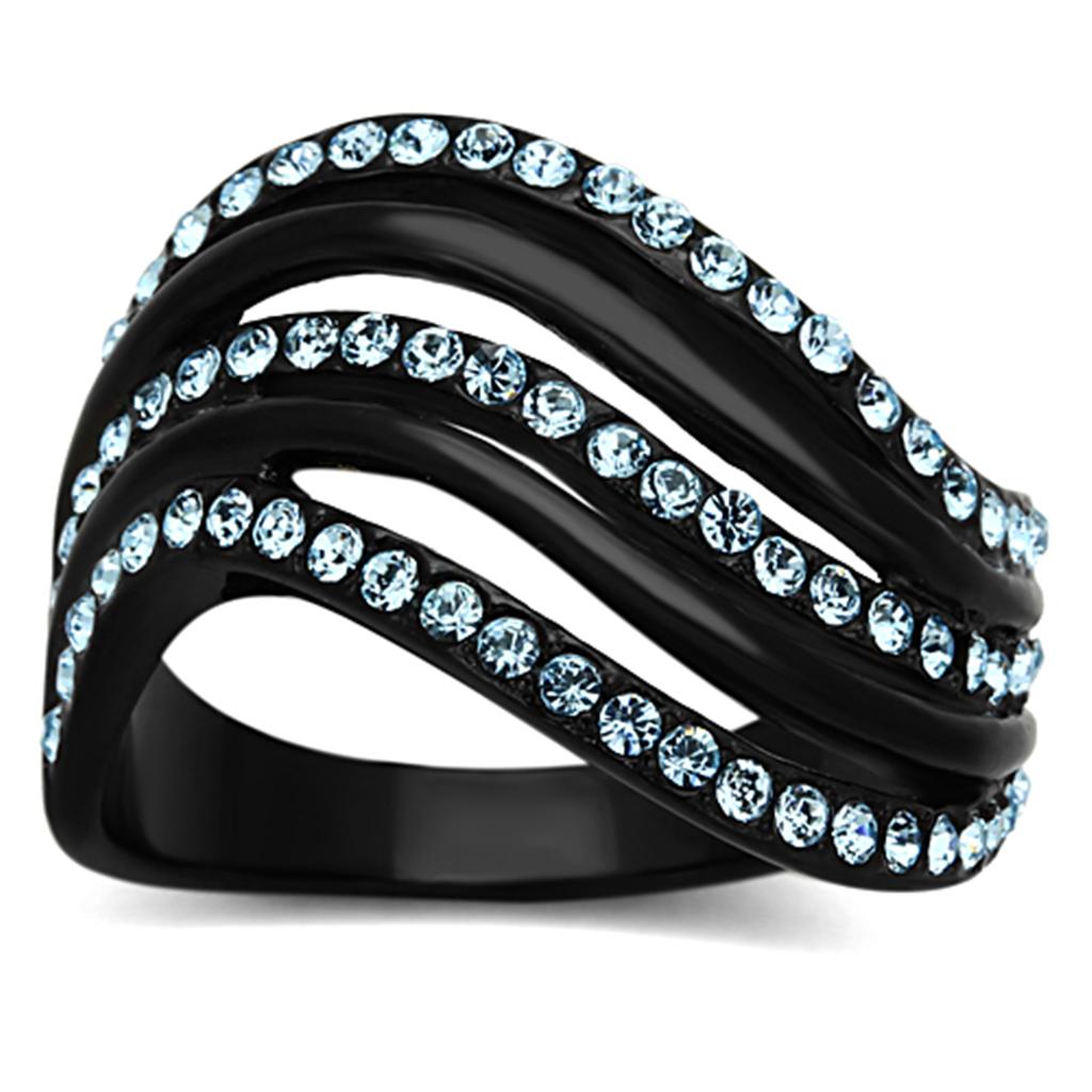 JCE1297 IP Black(Ion Plating) Stainless Steel Ring with Top Grade Crystal  in Sea Blue