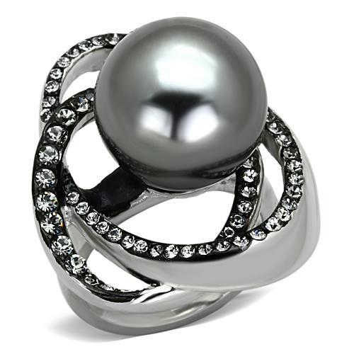 JCE1371 High polished (no plating) Stainless Steel Ring with Synthetic Pearl in Gray
