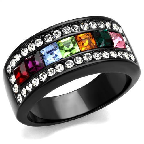 JCE1402J IP Black(Ion Plating) Stainless Steel Ring with Top Grade Crystal  in Multi Color