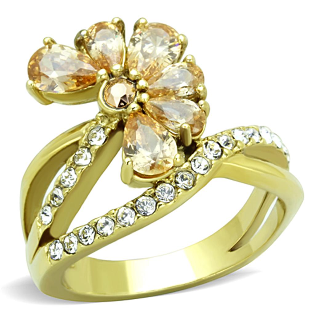 JCE1574 IP Gold(Ion Plating) Stainless Steel Ring with AAA Grade CZ  in Champagne