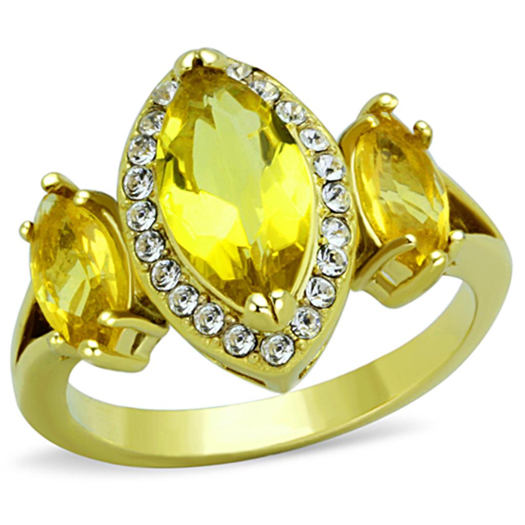JCE1578 IP Gold(Ion Plating) Stainless Steel Ring with Synthetic Synthetic Glass in Topaz