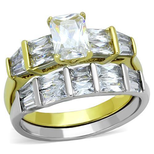JCE1708 Two-Tone IP Gold (Ion Plating) Stainless Steel Ring with AAA Grade CZ  in Clear