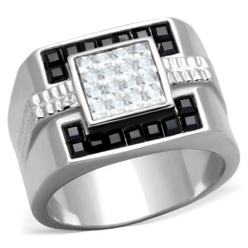 JCE1809 High polished (no plating) Stainless Steel Ring with Top Grade Crystal  in Jet
