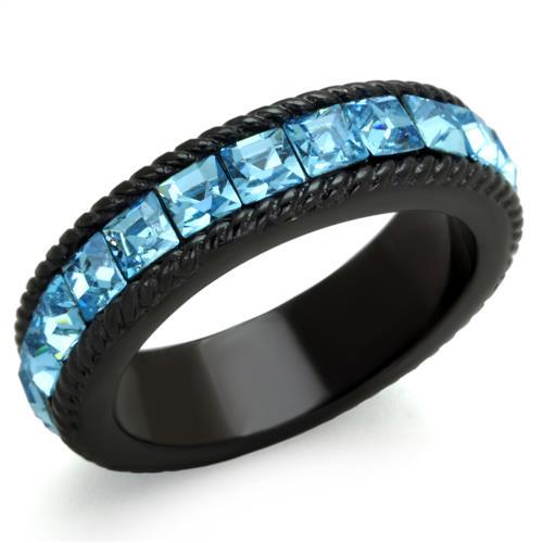 JCE1867 IP Black(Ion Plating) Stainless Steel Ring with Top Grade Crystal  in Sea Blue