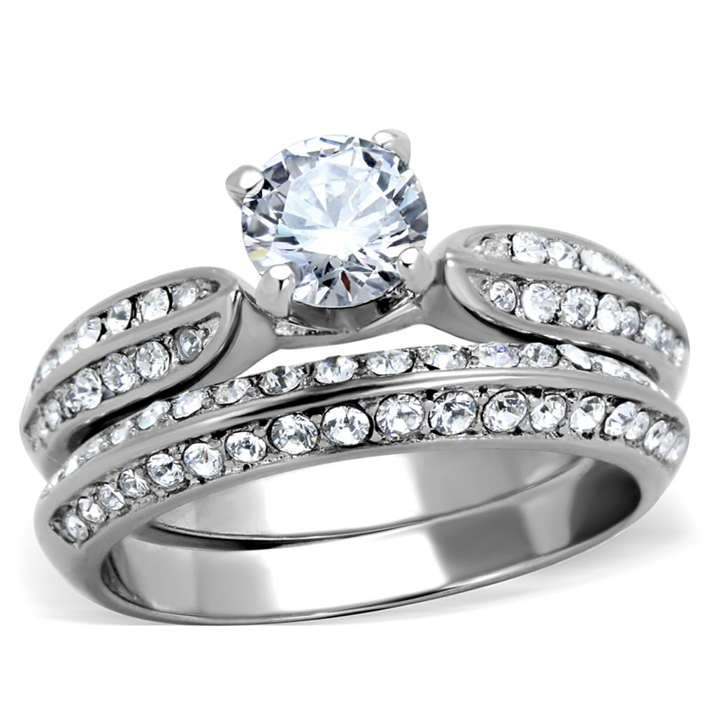 JCE1920 High polished (no plating) Stainless Steel Ring with AAA Grade CZ  in Clear