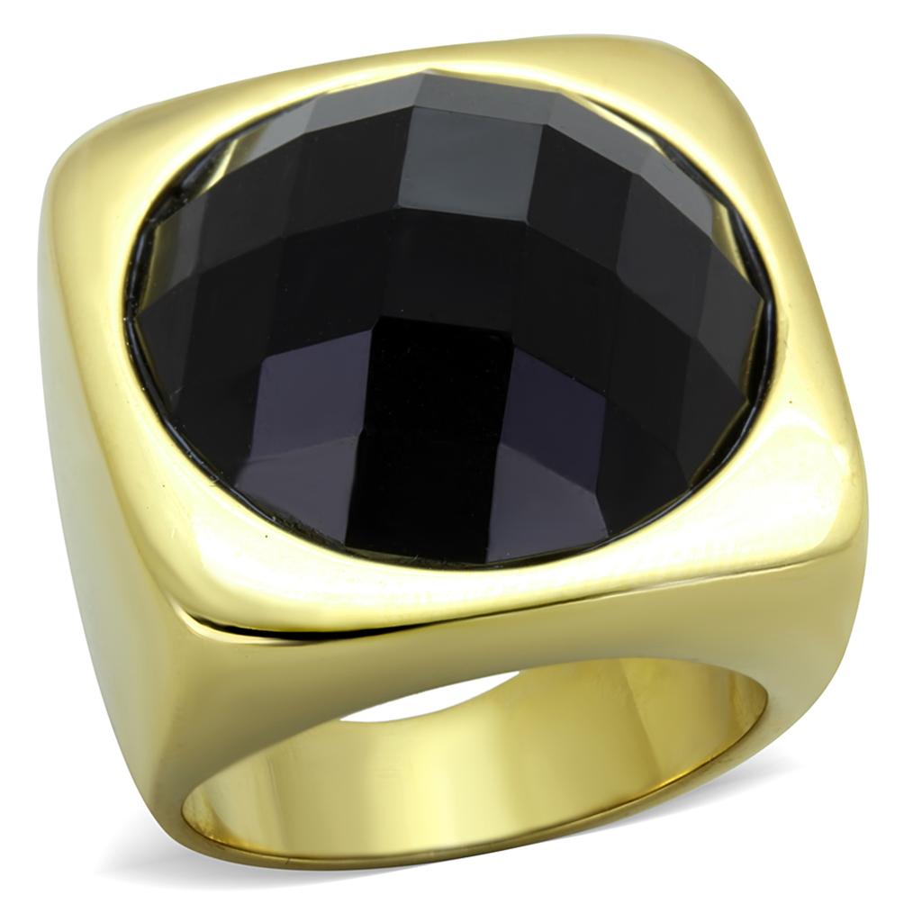 JCE1925 IP Gold(Ion Plating) Stainless Steel Ring with Synthetic Synthetic Stone in Jet