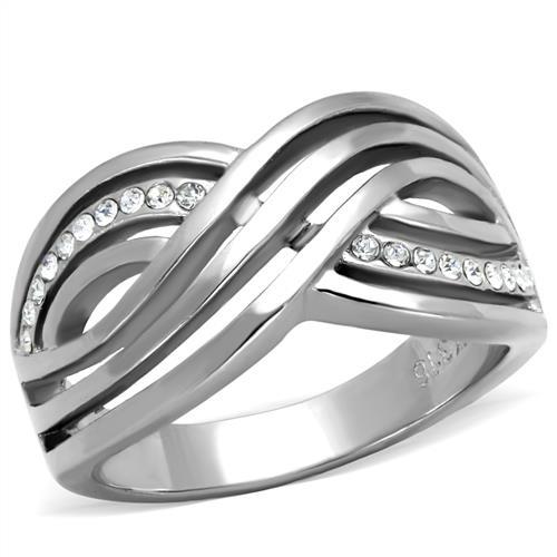 JCE2025 High polished (no plating) Stainless Steel Ring with Top Grade Crystal  in Clear