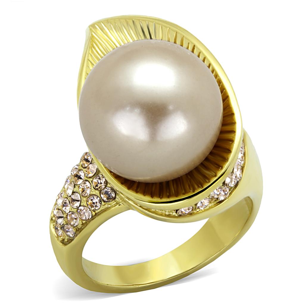 JCE2131 IP Gold(Ion Plating) Stainless Steel Ring with Synthetic Pearl in Champagne