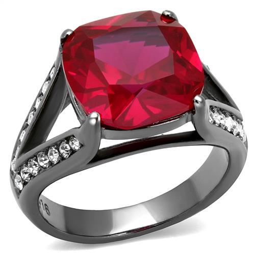 JCE2760 IP Light Black  (IP Gun) Stainless Steel Ring with Synthetic Corundum in Ruby