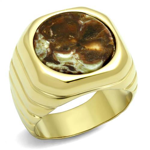 JCE3017 IP Gold(Ion Plating) Stainless Steel Ring with Semi-Precious Oligoclase in Smoked Quartz