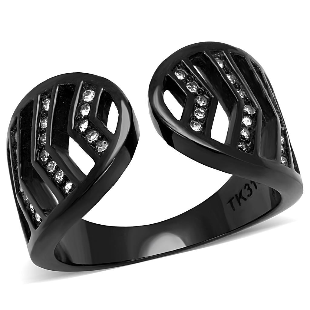JCE3056 IP Black(Ion Plating) Stainless Steel Ring with Top Grade Crystal  in Clear