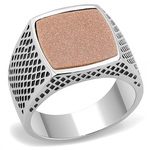 JCE3228 High polished (no plating) Stainless Steel Ring with Semi-Precious Gold Sand Stone in Siam
