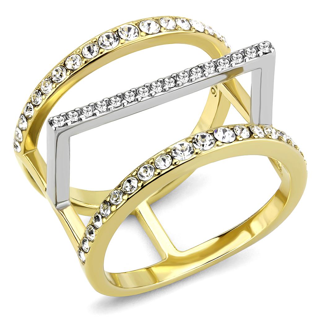 JCE3593 Two-Tone IP Gold (Ion Plating) Stainless Steel Ring with Top Grade Crystal  in Clear