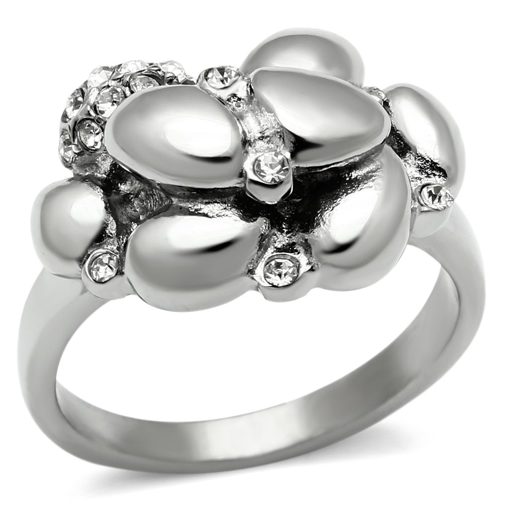 JCE476 High polished (no plating) Stainless Steel Ring with Top Grade Crystal  in Clear