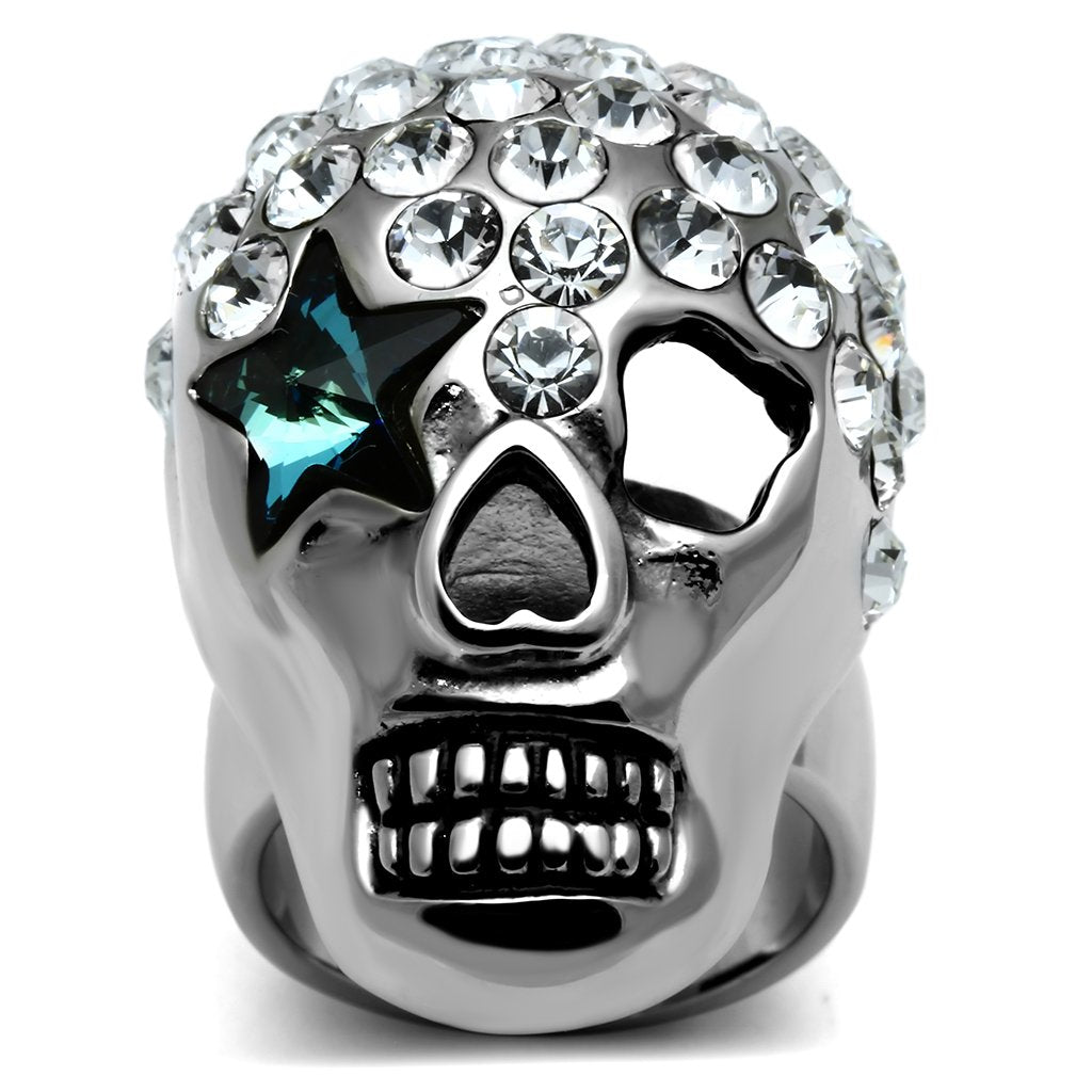 JCE669 High polished (no plating) Stainless Steel Ring with Top Grade Crystal  in Capri Blue