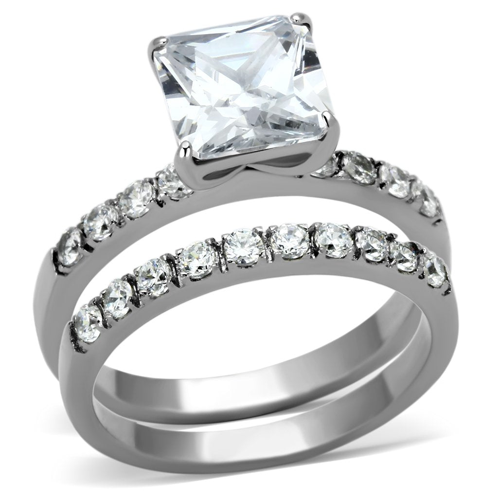 JCE975 High polished (no plating) Stainless Steel Ring with AAA Grade CZ  in Clear
