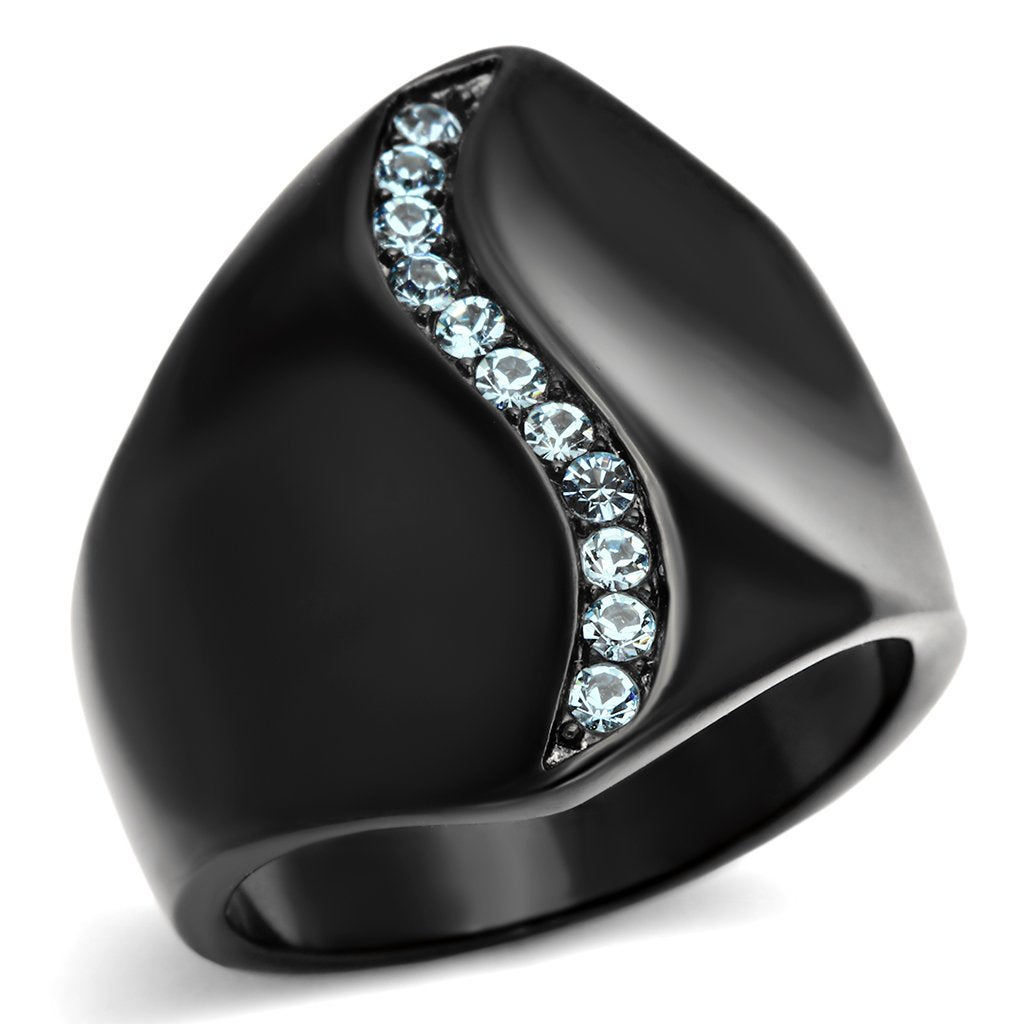 JCE991 IP Black(Ion Plating) Stainless Steel Ring with Top Grade Crystal  in Sea Blue