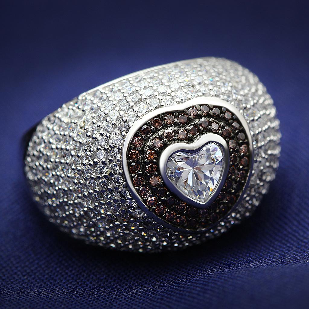 JCE022 Rhodium + Ruthenium 925 Sterling Silver Ring with AAA Grade CZ  in Brown